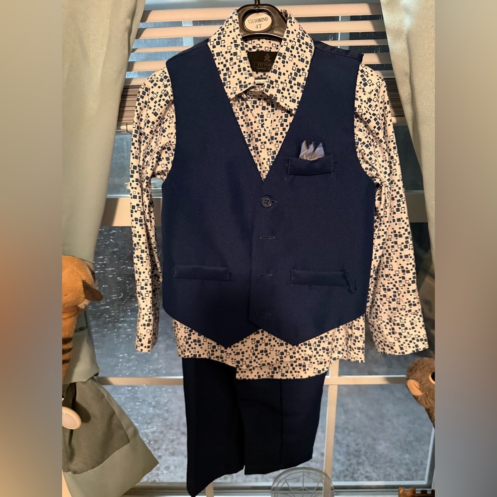 NWOT Boys Navy Vest & Patterned Shirt Matching Set